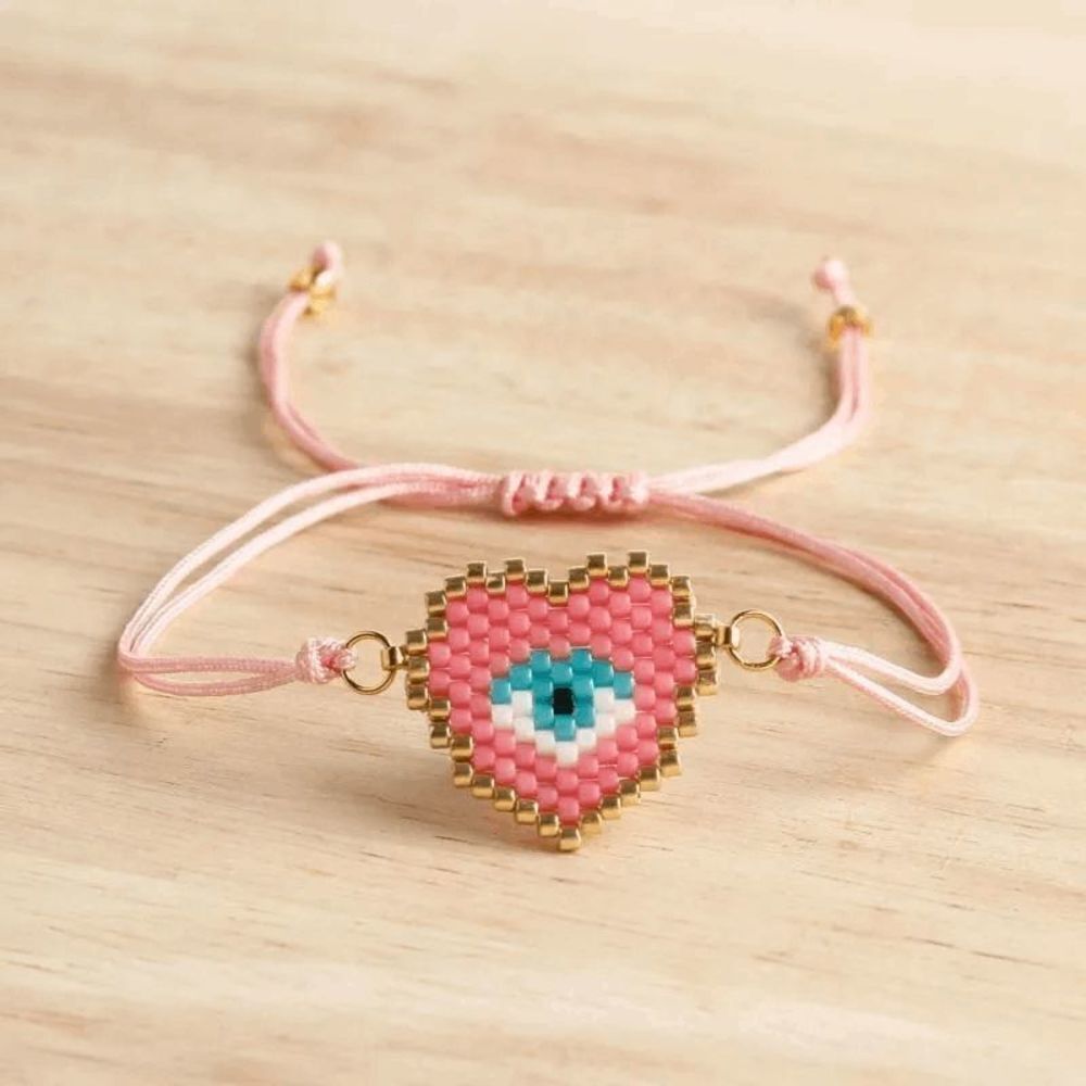 Miyuki Delica Pink Heart Shaped Evil Eye Seed Bead Bracelet